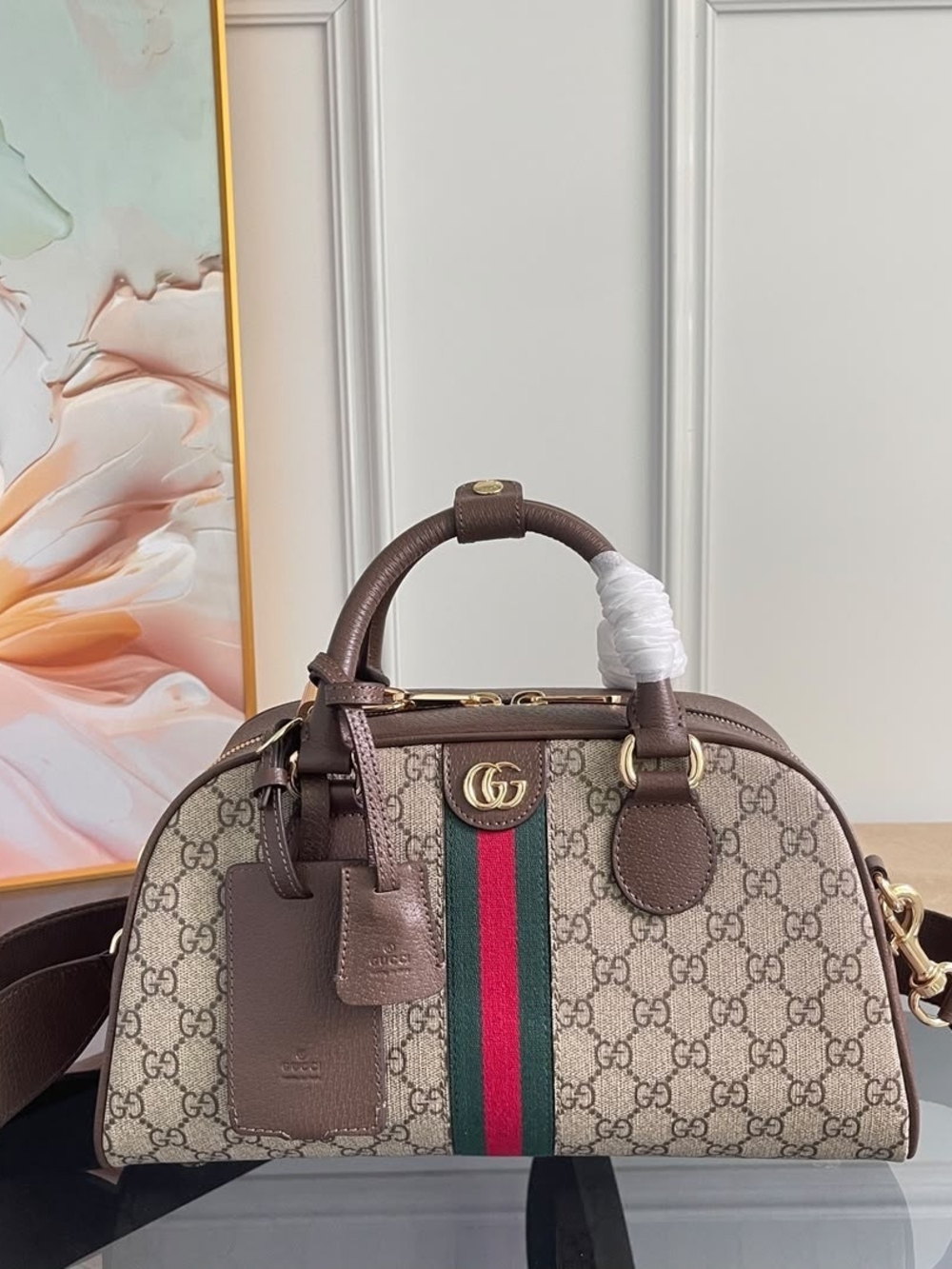 Gucci Brown GG Supreme Canvas Ophidia Small Top Handle Bag